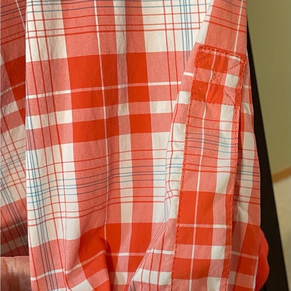 Vintage Eddie Bauer plaid shirt, Orange & white, contrasting solid side panels - Picture 4 of 6